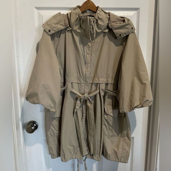 Womens Raincoat Rain Jacket Tan Hood Drawstring Waist Two Way Zipper Size XL - Picture 2 of 16